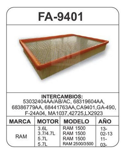 Filtro De Aire Unifl Dodge Ram 3500 8cil 5.7lts 2003-2009