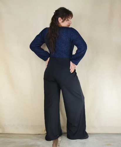 Mono Fiesta Noche Palazzo Manga Larga Lurex Negro Azul Negro Lisa Xl