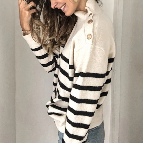Jersey De Mujer A Rayas Con Cuello Alto Otoño E Invierno