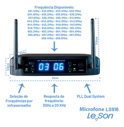 Microfone Duplo Sem Fio Digital 32 Frequências Ls916 Leson