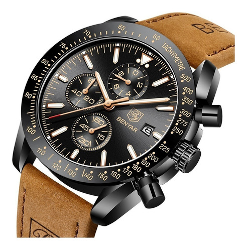 Reloj By Benyar De Cuero Casual Con Cronógrafo Para Hombre