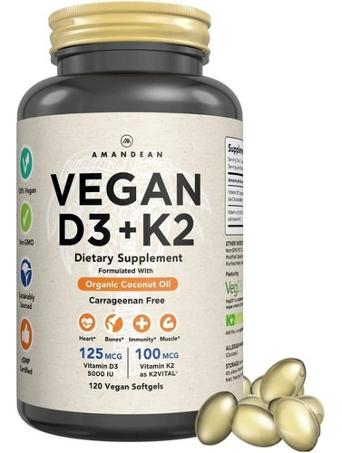 Vitamina D3 K2 Vegana 120softgels, Amandean,