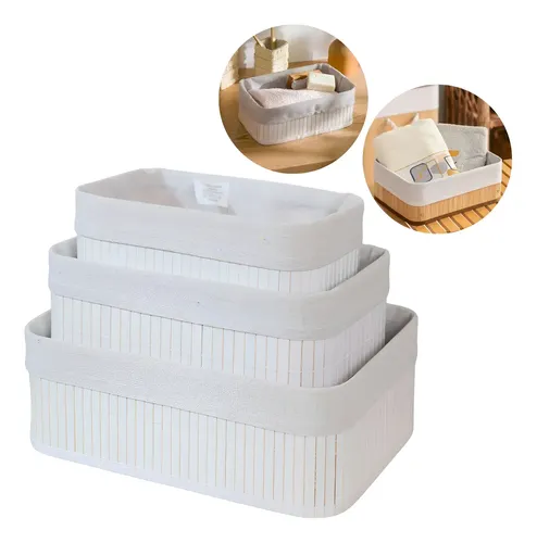 Kit  3  Cestos Organizadores de Bambu Multiuso com Forro Cor Branco