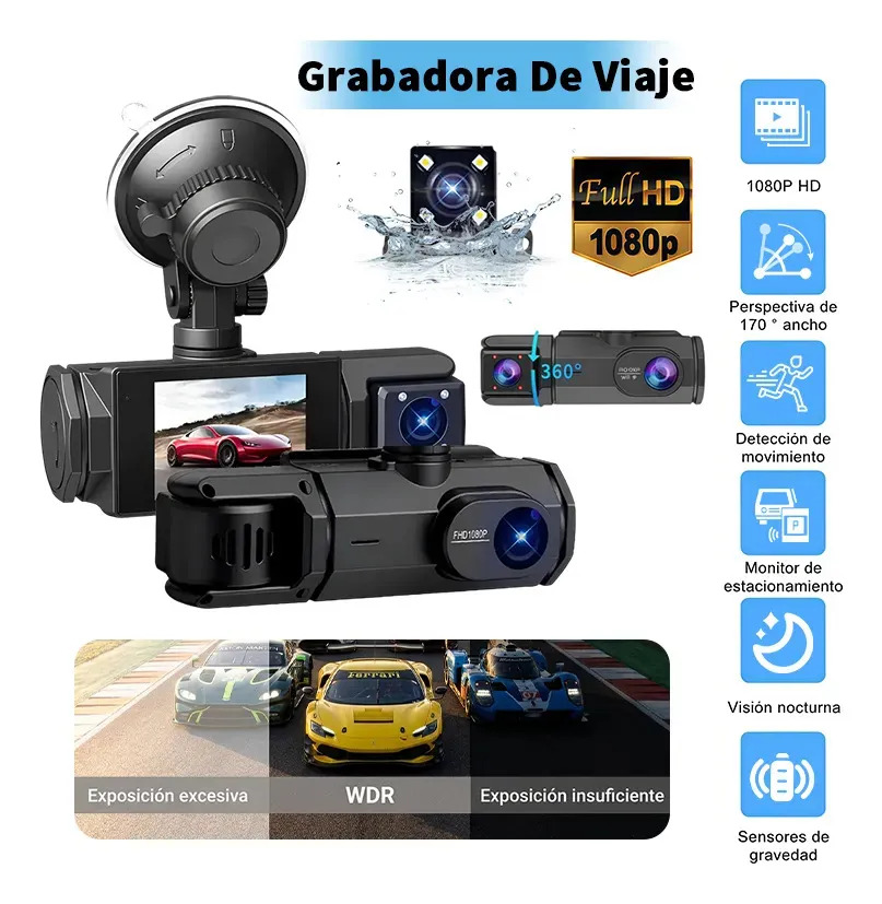 Cámara para Automóvil Triple Lente con WiFi y Visión Nocturna 1080p