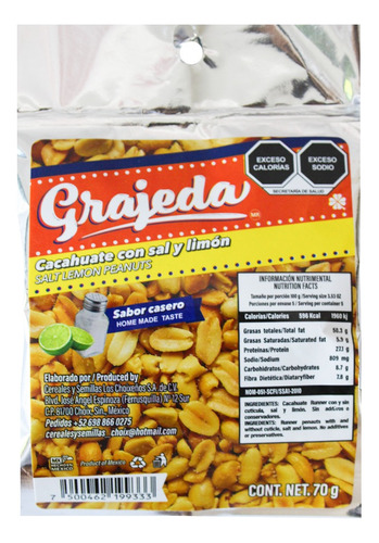 Cacahuate Grajeda Sal Y Limón 70g Pack 24 Pzas 