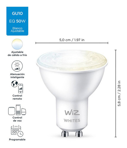 Imagen 3 de 5 de Ampolleta Led Inteligente Wiz Luz Fria & Calida Gu10 Wifi