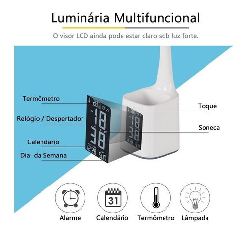 Imagem 4 de 6 de Luminária Com Relógio De Mesa E Porta Caneta