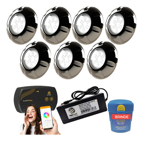 Kit Iluminação Piscina 7 Leds 9w Inox - 112m² + Smart Lux