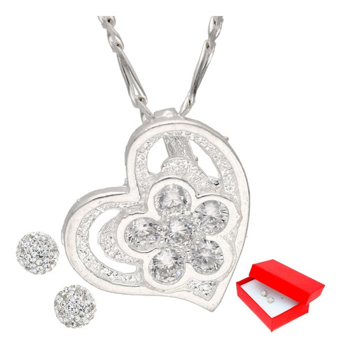 Juego De Plata Dije Corazón Con Flor Y Cadena + Regalo