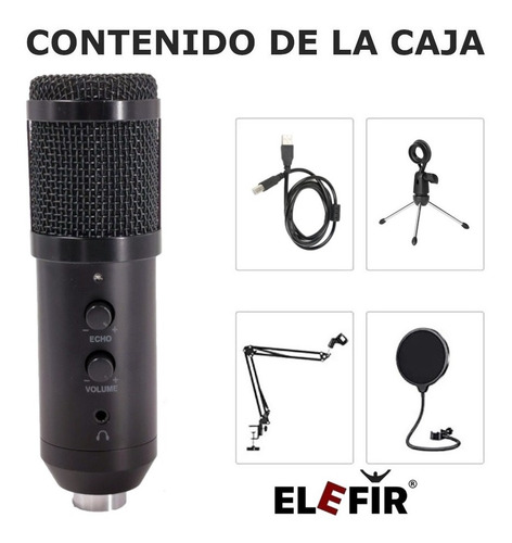 Imagen 4 de 10 de Kit Microfono Condenser Elefir 2020 Usb Tripo Brazo Antipop