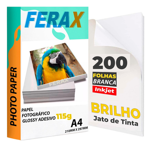 200 Folha Papel Fotográfico Adesivo A4 115g Glossy Brilhante Cor Branco