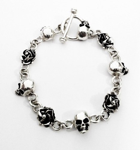 Pulsera De Calaveras Y Rosas De Plata Maciza Ley.925