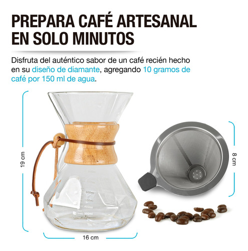 Cafetera Tipo Chemex Grande 800 Ml Con Filtro Acero Inoxidab