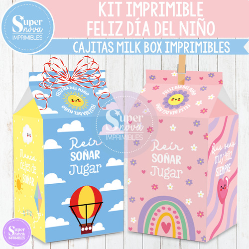 Kit Imprimible Cajitas Milk Box Feliz Día Del Niño Niñez