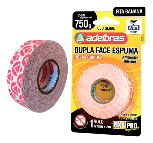 Fita Banana Dupla Face Espuma Fixa Pro - 12mm X 2m Até 750g