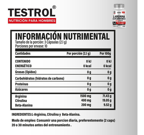 Imagen 2 de 5 de L-arginina Platinum 2100mg Testrol 3 In 1- 30 Cápsulas