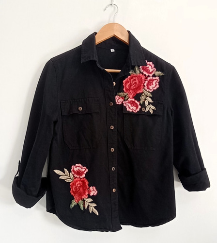 Blusa Mexicana Negra Con Flores En Relieve Talla M