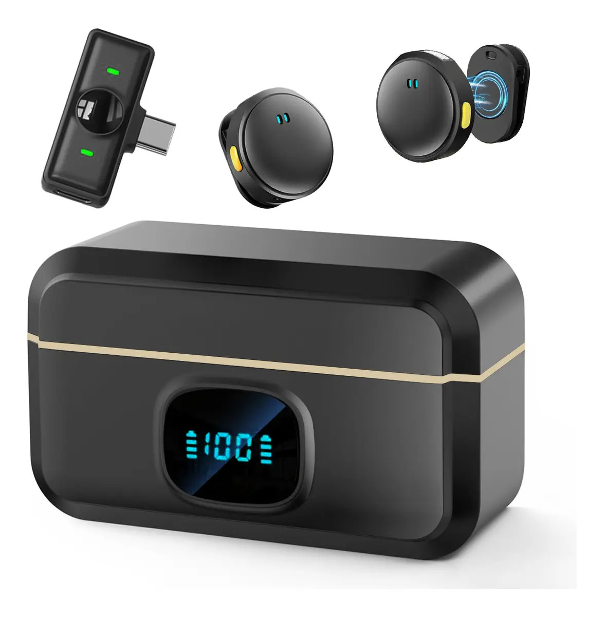 Microfone sem fio profissional para celular Leon Import Condenser Microfone de lapela Microfone Bluetooth Gamer para podcast Microfone de lapela sem fio cor preto