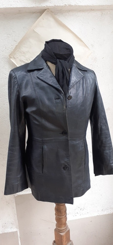 Chaqueta De Cuero Negro Abotonada  De Mujer Talla M 