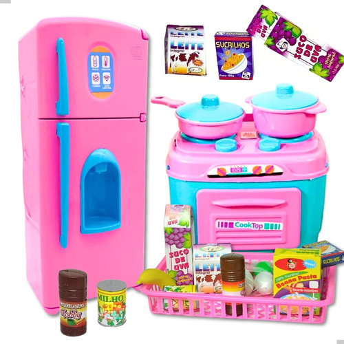 Cozinha Infantil Brinquedo Menina Fogão Panelas Geladeira Cor Rosa Com Turquesa
