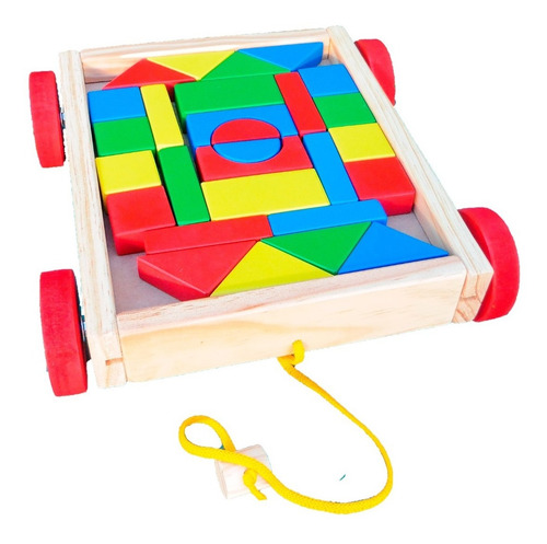 Imagen 5 de 10 de Juego Carro Madera 28 Bloques Construcción Tira Con Arrastre
