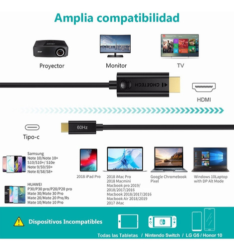 Imagen 3 de 7 de Choetech Usb C A Hdmi Cable Adaptador Usb3.1 1.8m