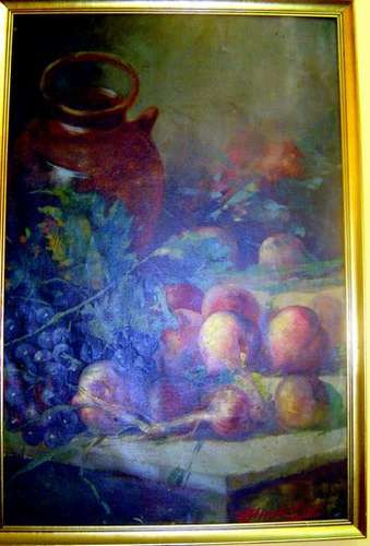 Antiguo Cuadro Pintura Oleo S/ Tela Naturaleza Con Frutos