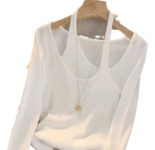 Camiseta De Manga Larga Con Cuello Halter De Dos Piezas De T