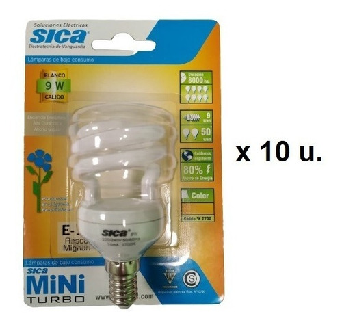 Lámpara Bajo Consumo 9w Sica E14 (mignon) Luz Cálida X 10 U.