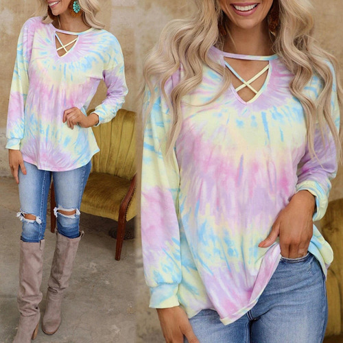 Top Casual Holgado De Manga Larga Con Estampado Tie-dye A La