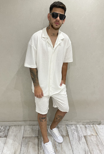 Conjunto Blanco Hombre Camisa Tejido Crochet Y Bermuda Lino