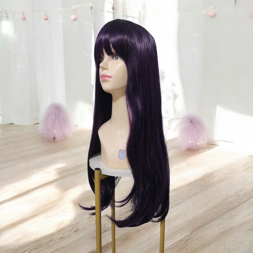 Peluca Morado Oscuro Y Negro Liso Con Fleco Fibra Mate Tamaño De La Base 65cm