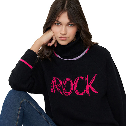 Sweater Mujer Cuello Tortuga Negro Rock Corona