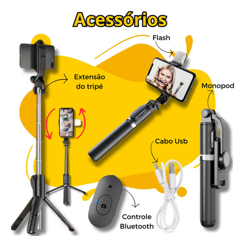Bastão Pau De Selfie E Tripé 3 Em 1 Bluetooth Mesa C/ Led