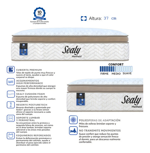 Colchón Sealy King Size Helfit Form | High Performance | Poliesferas | Tela Premium | Incluye 2 Almohadas Esencial Sealy Active