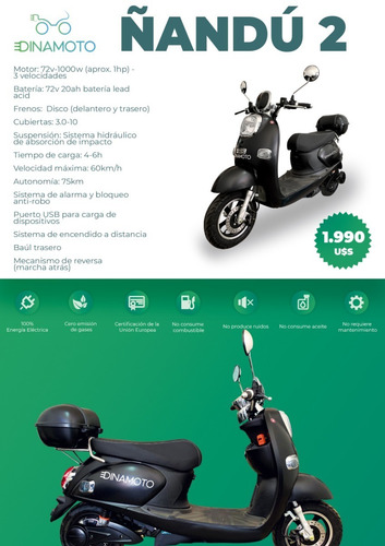 Moto Eléctrica Dinamoto Mod Ñandú 2. 0km. Envíos A Todo Uy