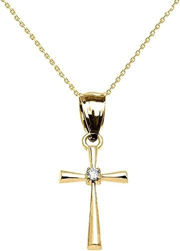 14k Yellow Gold Diamond Solitaire Accent Cross Pendant