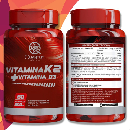2 Potes Vitamina K2 + Vitamina D3 Para Ossos Kit 120 Cáps - Quantum