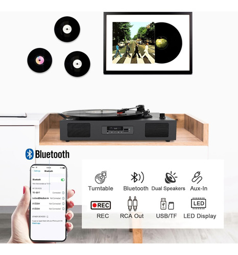 Tocadiscos Giradiscos Bluetooth Con Altavoz Incorporado, ...