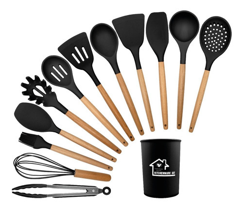 Set 12 Utensilios Para Cocina Espatulas De Silicona Color Negro