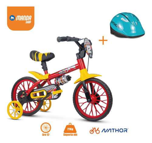 Bike Infantil Aro 12 Menino Nathor Motor X Com Capacete