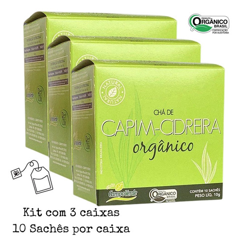 Kit 3 Capim Cidreira Chá Orgânico Campo Verde 10 Sachês