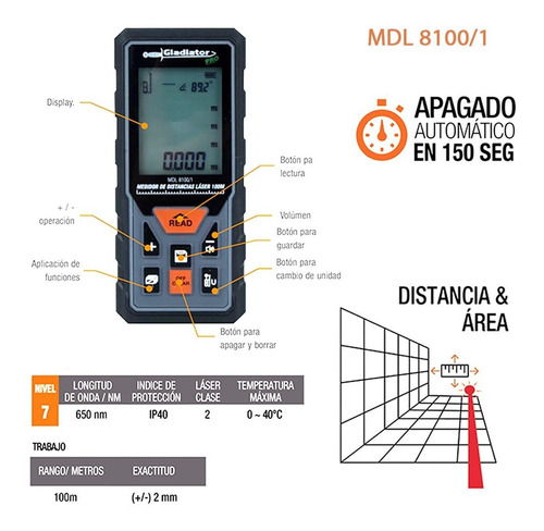 Medidor Laser Telémetro 100mts 650nm Profesional Gladiator