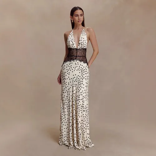 Women Elegant Polka Dot Long Dress Lace Trim Summer | Frete grátis