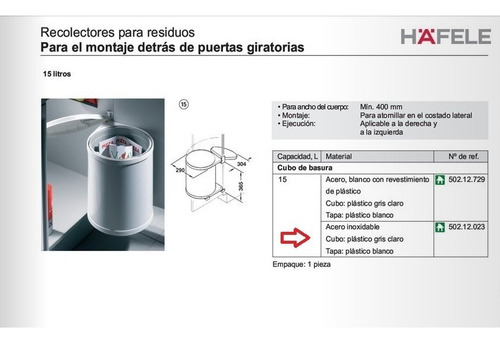 Imagen 2 de 7 de Cubo Cesto Residuos Inox. 15 Lts Cod. Hafele 502.12.023 Extr