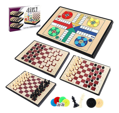 Juego De Mesa Para Ninos Tablero De Ajedrez 4 En 1 Clásico Vuelo Parchís Magnético Y Plegable