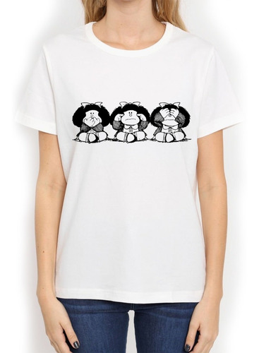 Imagen 3 de 6 de Remera Blanca Mafalda 3 Monos Sabios Hombre Mujer Niños
