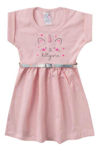 Vestido Infantil Para Bebê Com Cinto Estampa Kittycorn