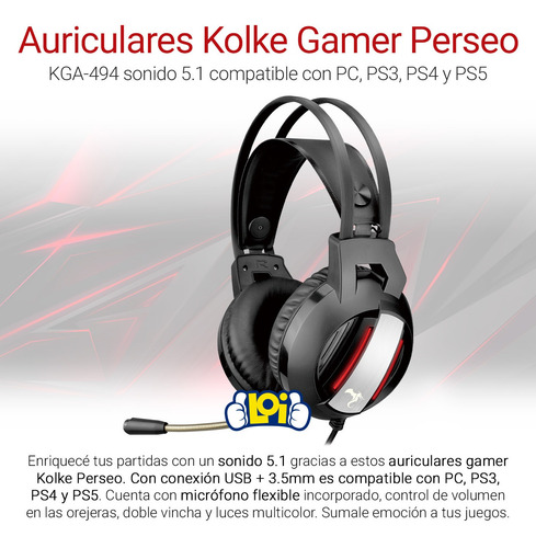 Imagen 4 de 5 de Auriculares Gamer Kolke Perseo 5.1 Luz Led P/ Pc Ps4 Ps5 Loi