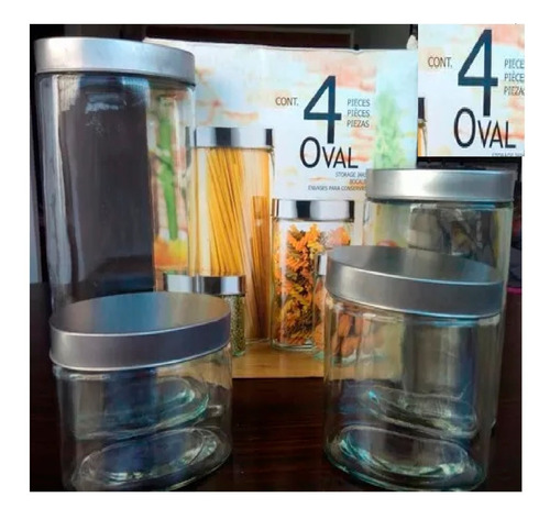 Potes Envases Cocina Vidrio Tapa Acero 4 Piezas Marca Oval